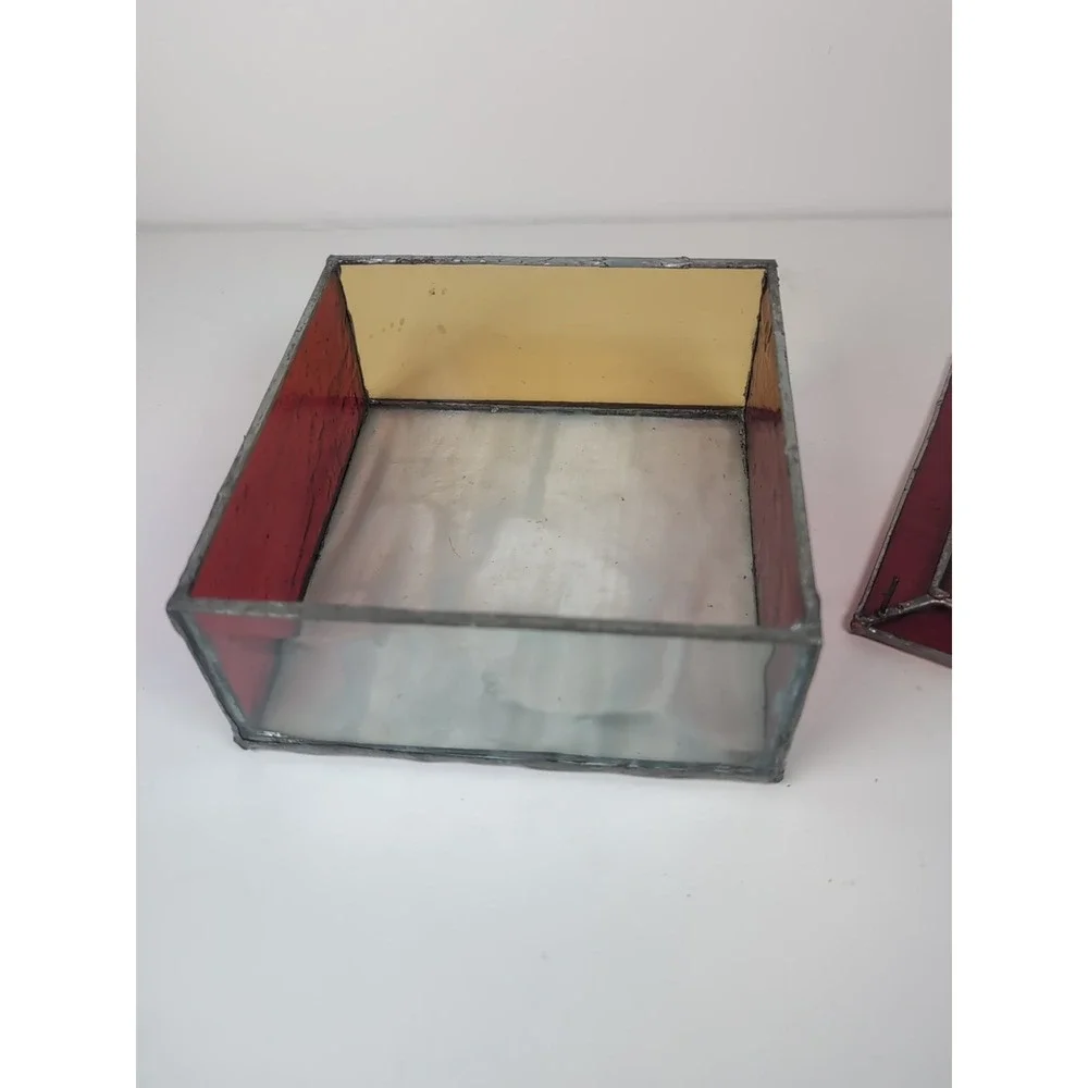 Stained Glass Trinket Box W/Top Red/Yellow Handmade Vintage Jewelry Cosmic 6X6x3